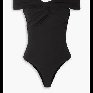 KHAITE Black Off-Shoulder Ruched Bodysuit